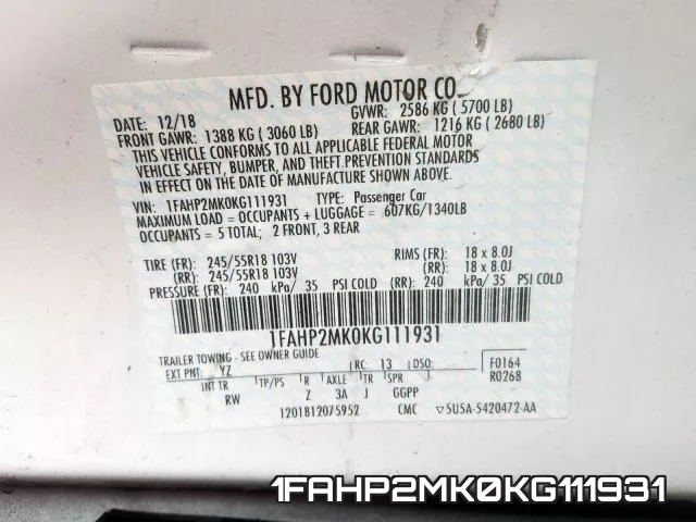 1FAHP2MK0KG111931 фото 2