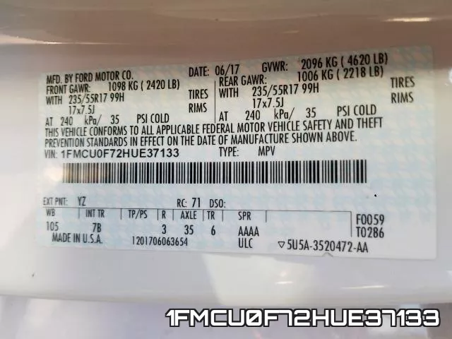 1FMCU0F72HUE37133 фото 2