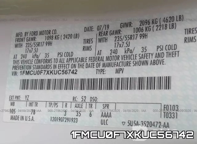 1FMCU0F7XKUC56742 фото 10