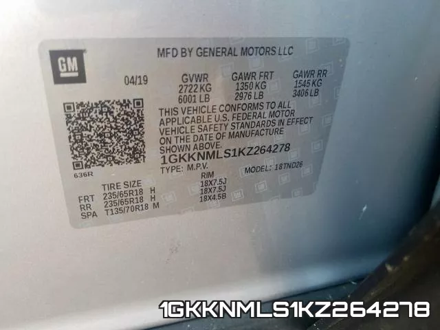 1GKKNMLS1KZ264278 фото 2