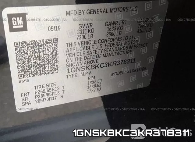 1GNSKBKC3KR378311 фото 10