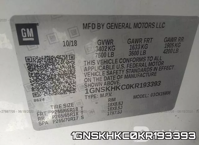 1GNSKHKC0KR193393 фото 10