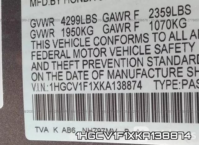 1HGCV1F1XKA138874 фото 10