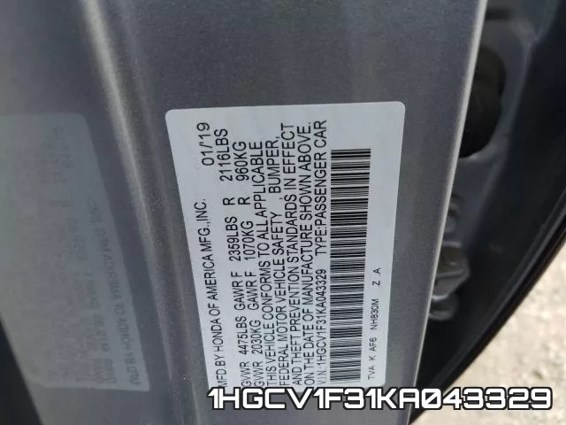 1HGCV1F31KA043329 фото 2
