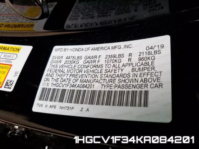 1HGCV1F34KA084201 фото 2