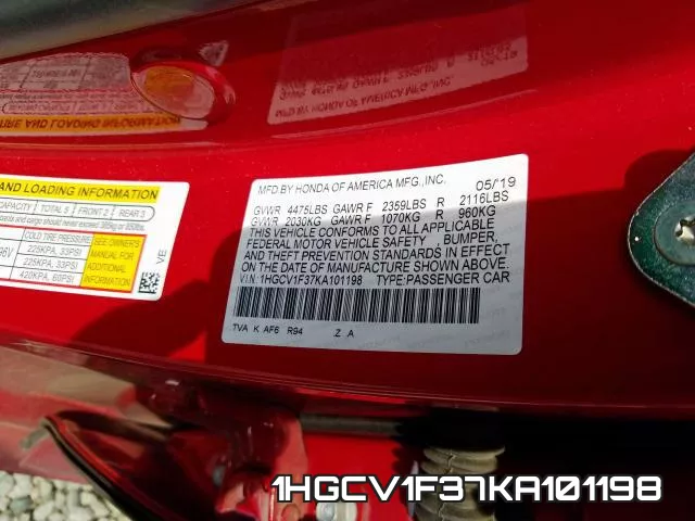 1HGCV1F37KA101198 фото 2