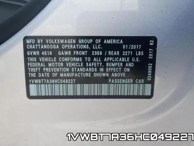 1VWBT7A36HC049227 фото 2