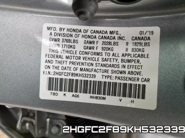 2HGFC2F89KH532339 фото 2