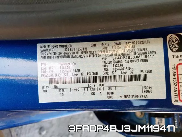 3FADP4BJ3JM119417 фото 2