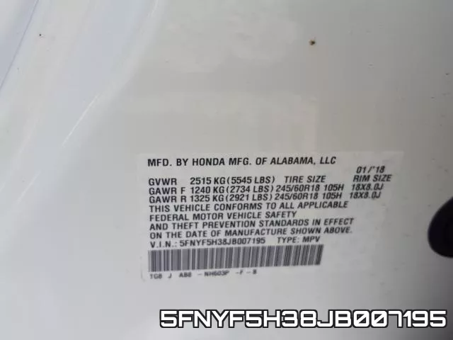 5FNYF5H38JB007195 фото 2