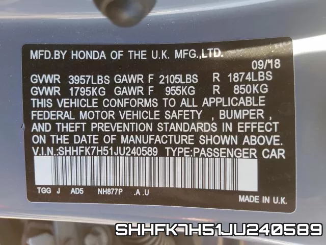 SHHFK7H51JU240589 фото 2