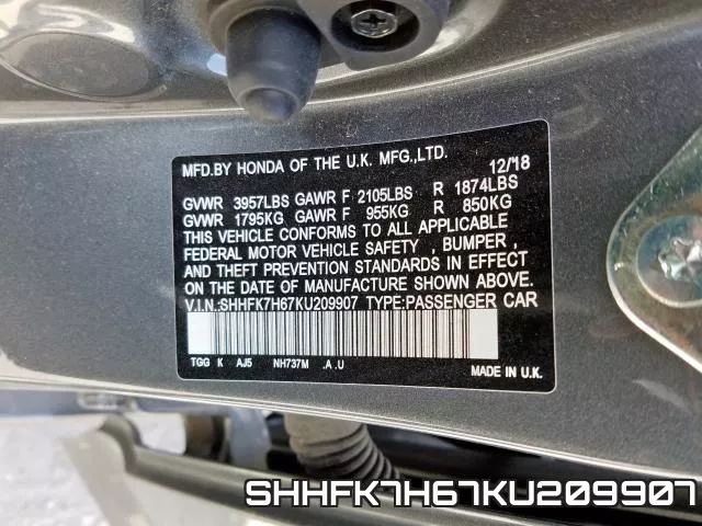 SHHFK7H67KU209907 фото 2