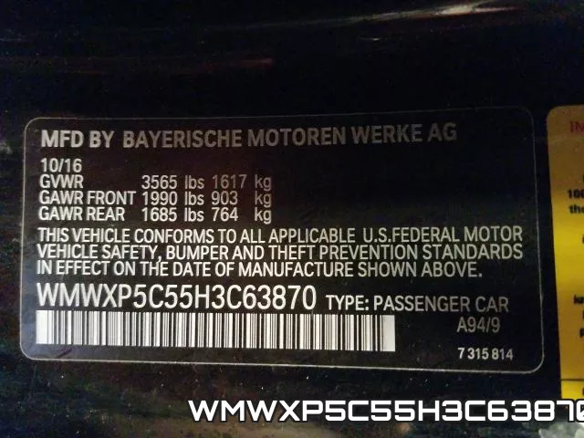 WMWXP5C55H3C63870 фото 2