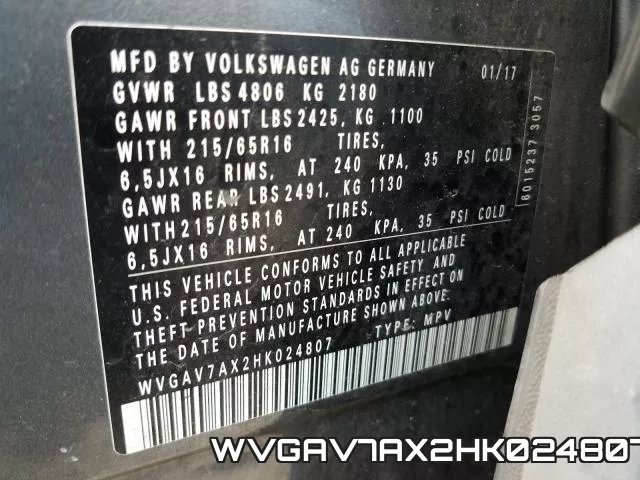 WVGAV7AX2HK024807 фото 2