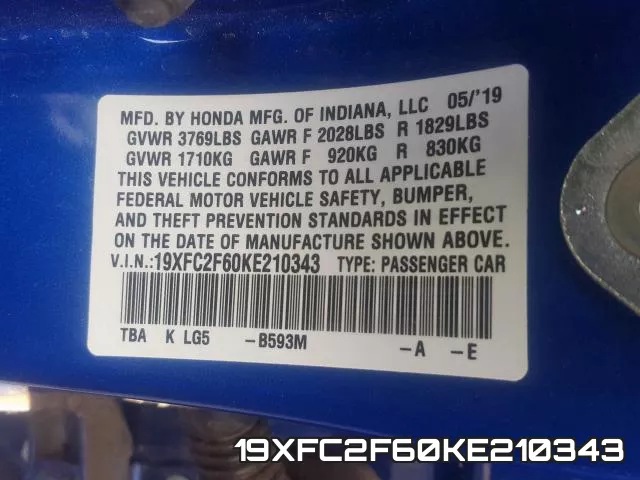 19XFC2F60KE210343 фото 2