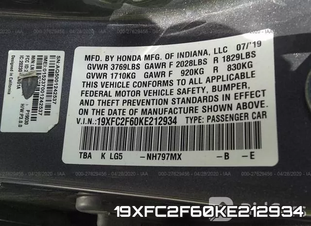 19XFC2F60KE212934 фото 10