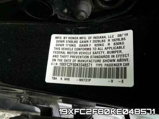 19XFC2F80KE048571 фото 2