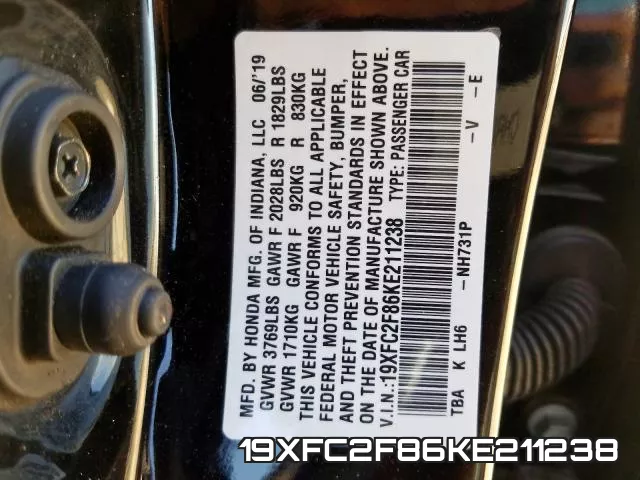 19XFC2F86KE211238 фото 2