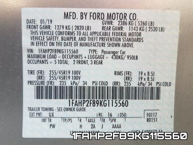 1FAHP2F89KG115560 фото 2