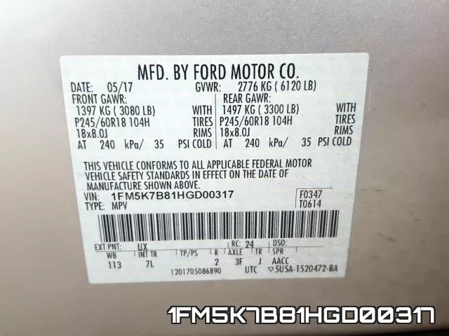 1FM5K7B81HGD00317 фото 2