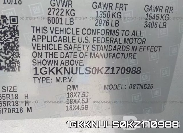 1GKKNULS0KZ170988 фото 10