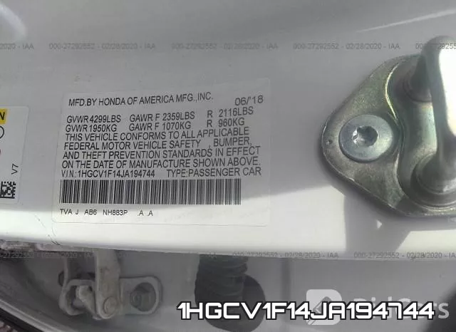 1HGCV1F14JA194744 фото 10