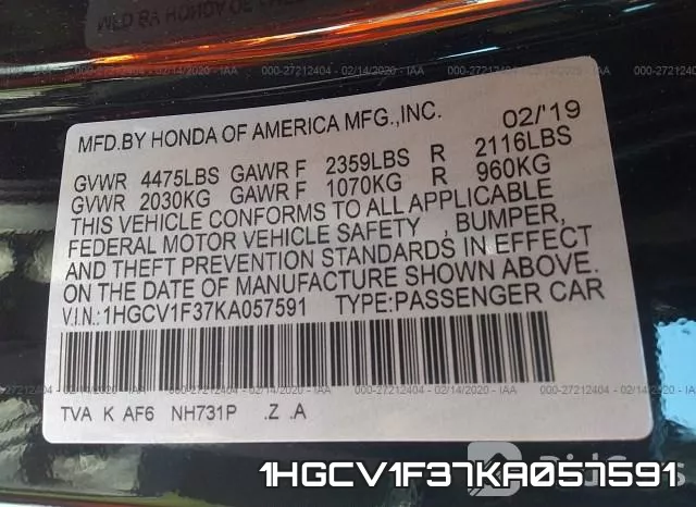 1HGCV1F37KA057591 фото 10