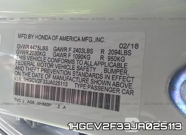 1HGCV2F33JA025113 фото 10