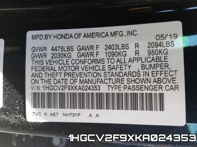 1HGCV2F9XKA024353 фото 2