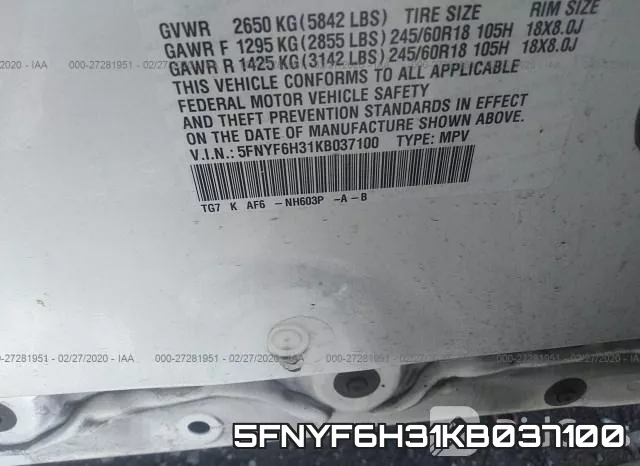 5FNYF6H31KB037100 фото 10