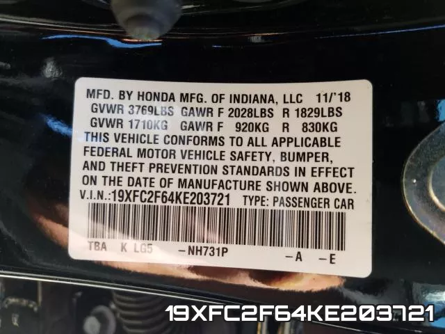 19XFC2F64KE203721 фото 2
