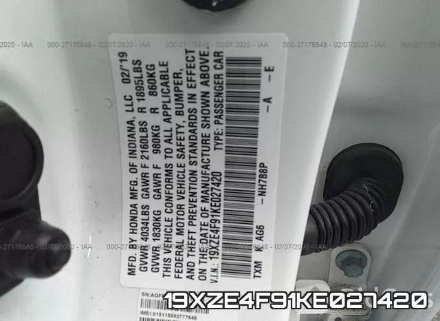 19XZE4F91KE027420 фото 10