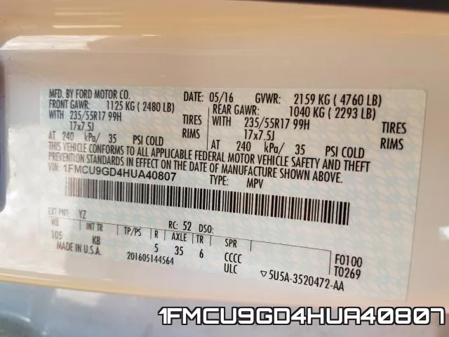 1FMCU9GD4HUA40807 фото 2