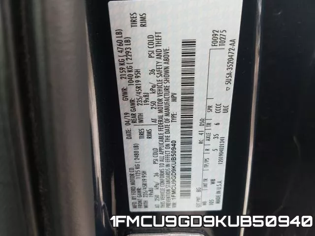 1FMCU9GD9KUB50940 фото 2