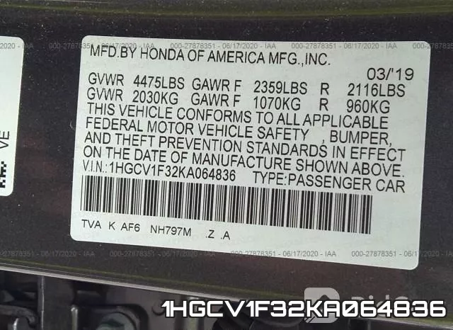 1HGCV1F32KA064836 фото 10