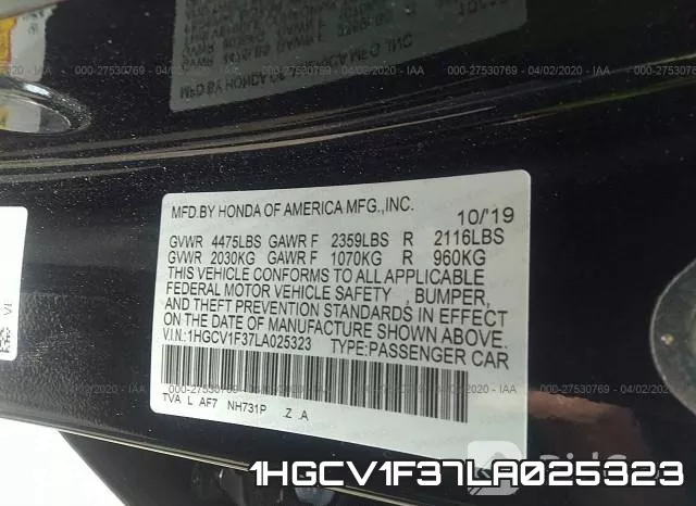 1HGCV1F37LA025323 фото 10