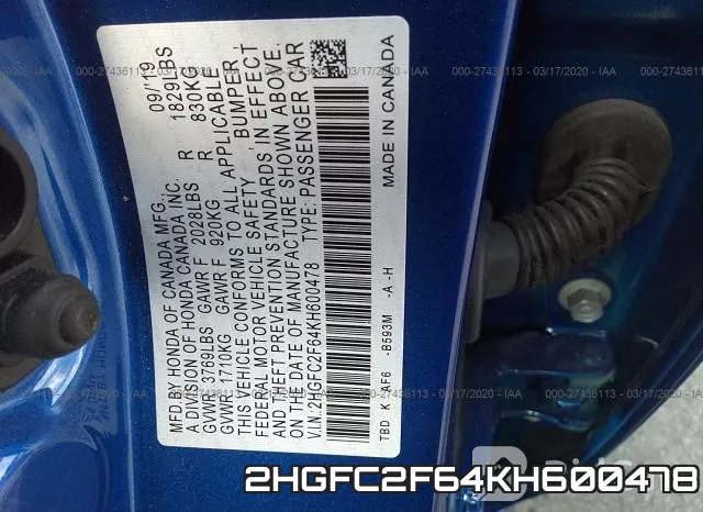 2HGFC2F64KH600478 фото 10