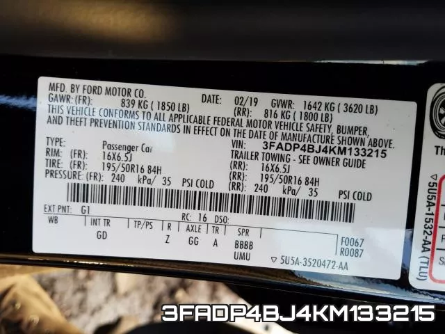 3FADP4BJ4KM133215 фото 2