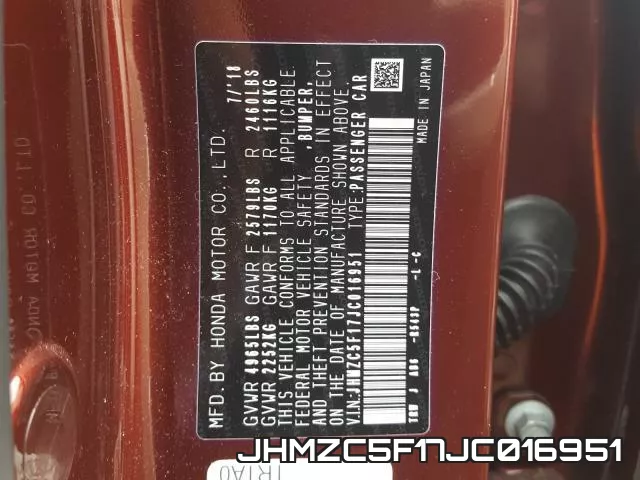 JHMZC5F17JC016951 фото 2