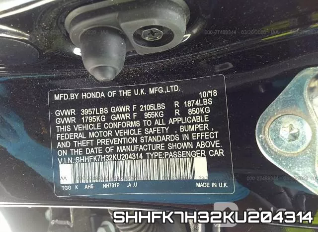 SHHFK7H32KU204314 фото 10