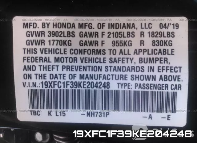 19XFC1F39KE204248 фото 10