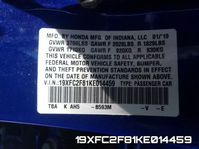 19XFC2F81KE014459 фото 2
