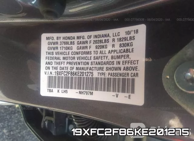 19XFC2F86KE201275 фото 10