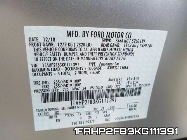 1FAHP2F83KG111391 фото 2
