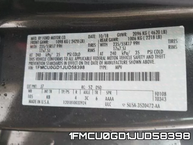 1FMCU0GD1JUD58398 фото 2