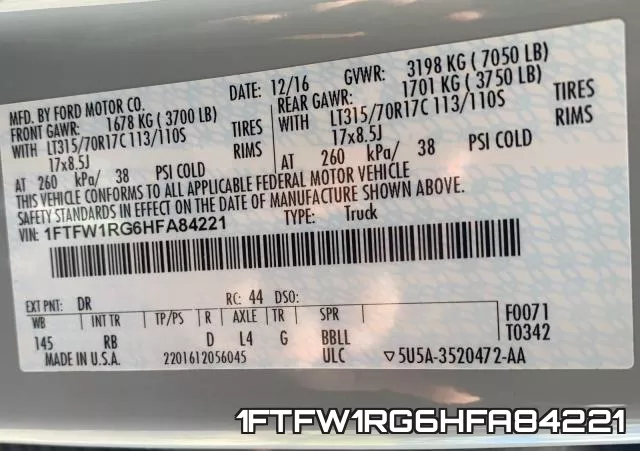 1FTFW1RG6HFA84221 фото 2