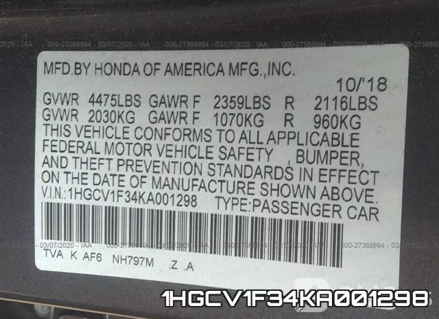 1HGCV1F34KA001298 фото 10