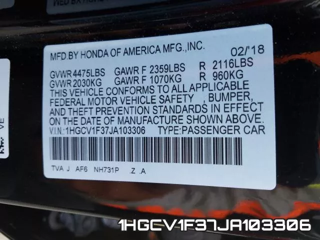 1HGCV1F37JA103306 фото 2