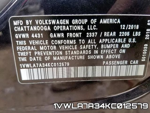 1VWLA7A34KC012579 фото 2