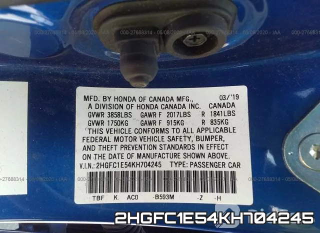 2HGFC1E54KH704245 фото 10